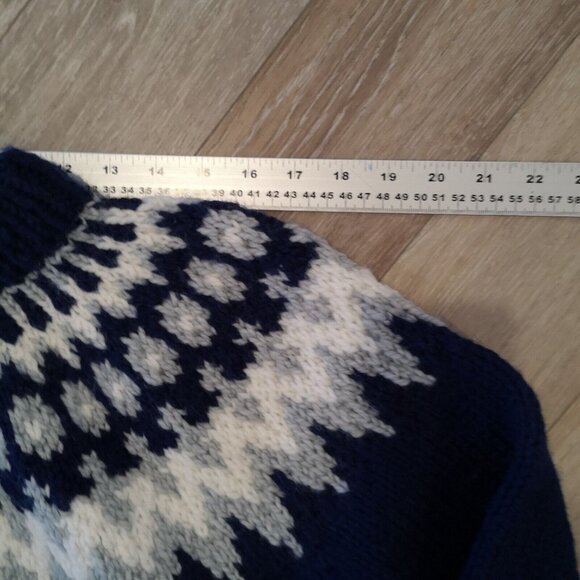 Vintage Wool Fair Isle Sweater Hand Knit Chunky Blue White Men's M Wom L Lovely - Picture 7 of 16